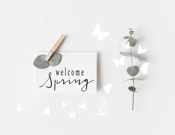 Flat lay with eucalyptus and WELCOME SPRING sign on paper on white surface — Stock Photo