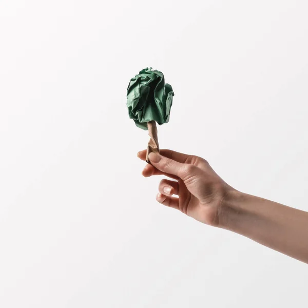 Cropped shot of woman holding handmade tree in hand, recycle concept — Stock Photo