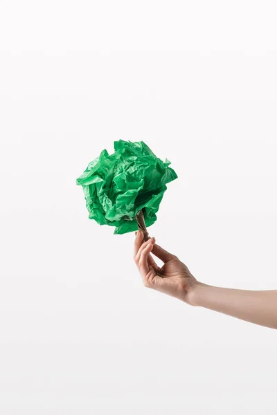 Plan recadré de femme tenant arbre fait main dans la main, concept de recyclage — Photo de stock