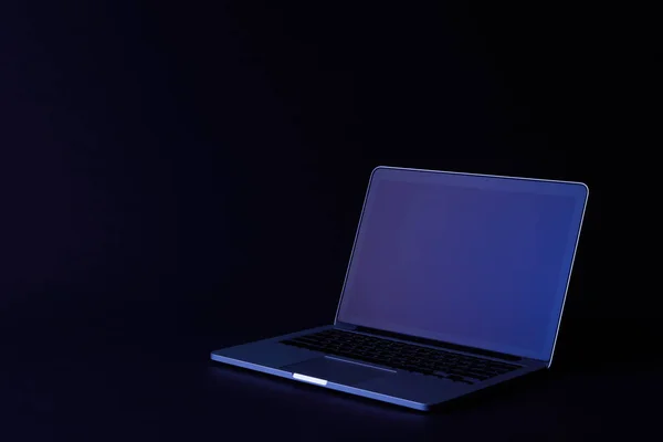 One turned off laptop with reflecting screen on dark — Stock Photo