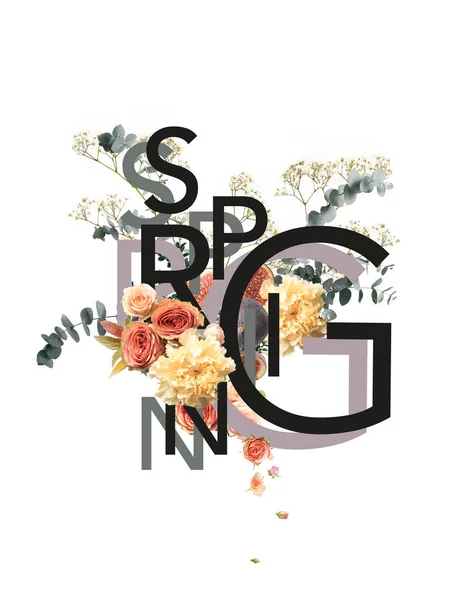 Collage creativo con ramo de flores en blanco con signo de SPRING - foto de stock
