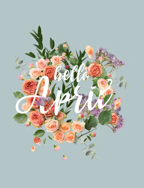 Creative collage with floral wreath and leaves with HELLO APRIL sign — Stock Photo