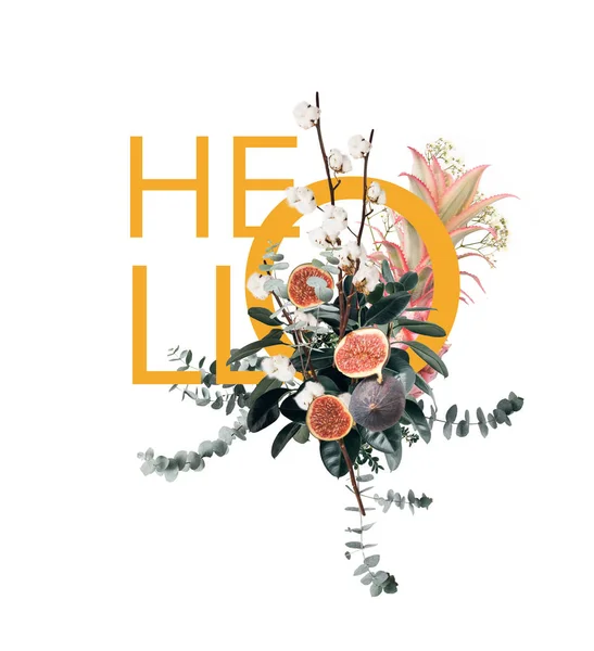 Kreative Collage mit Ananas, Feigen und Blumen mit Zeichen hallo — Stockfoto