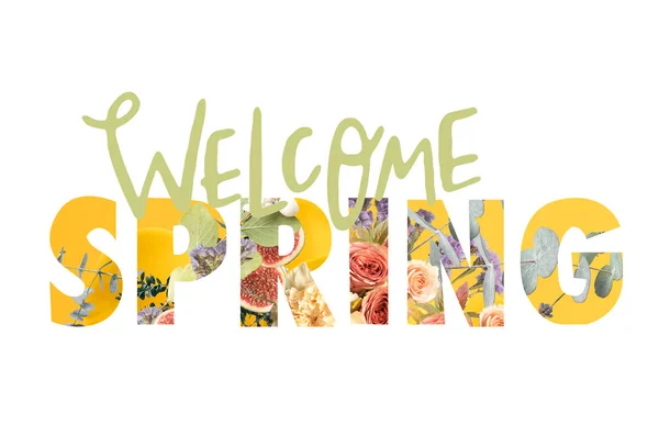 WELCOME SPRING sign cut out of floral bouquet on white — Stock Photo