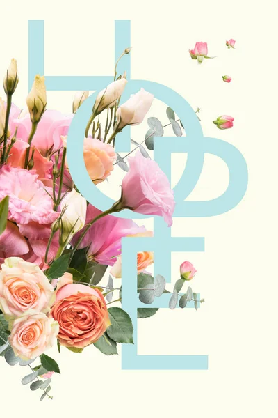 Creative collage with floral bouquet and HOPE sign — Stock Photo