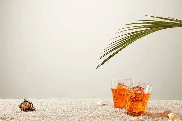 Close up view of cocktails with ice with fern and seashells on sand on grey background — Stock Photo
