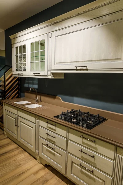 Interior da cozinha renovado com fogão e pia — Fotografia de Stock