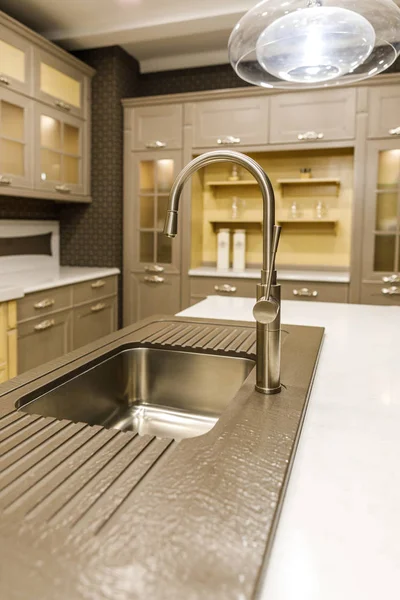 Interior of modern kitchen with metal sink — Stock Photo