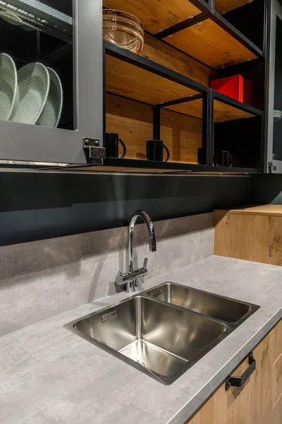 Interior of modern kitchen with metal sink — Stock Photo
