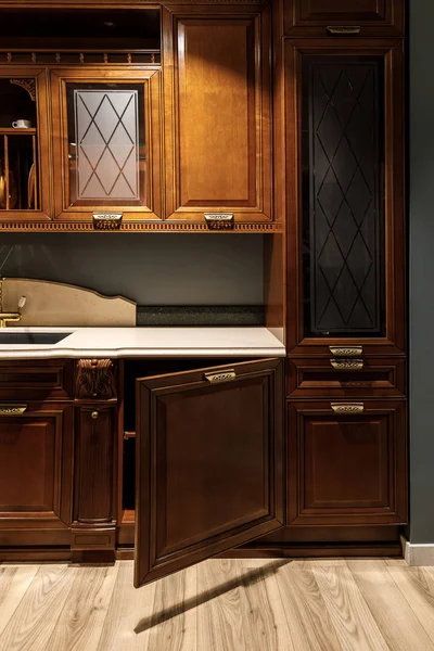 Interior of kitchen with stylish design with vintage style cabinets — Stock Photo