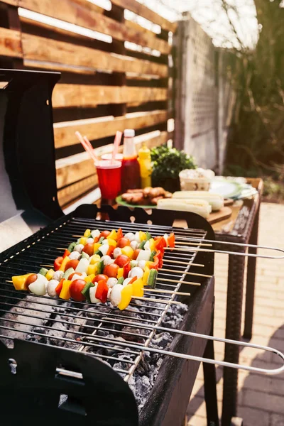 Verdure estive e funghi su spiedini alla griglia per barbecue all'aperto — Foto stock