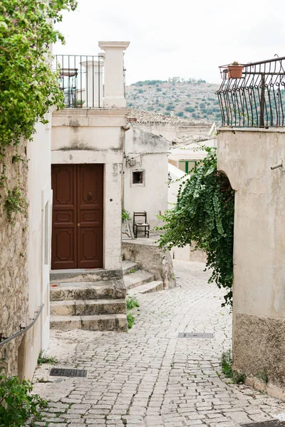 Paving stones on road near plants and buildings in italy — Stock Photo