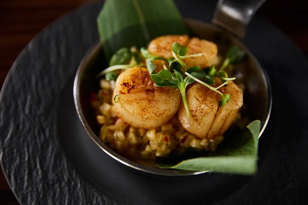 Delicious grilled scallops with green leaves and microgreens — Stock Photo