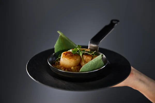 Cropped view of woman holding plate with delicious grilled scallops on black background — Stock Photo