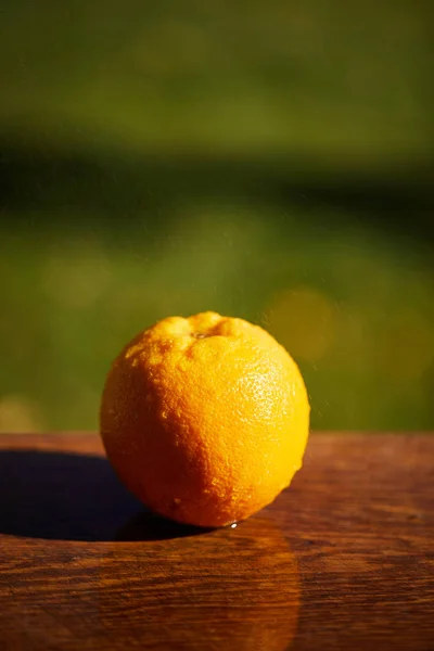 Selective focus of whole and wet orange on wooden surface — Stock Photo