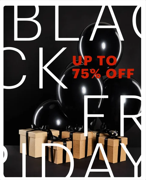 Bündel schwarzer Luftballons und Geschenkboxen isoliert auf schwarzem mit schwarzem Freitag, bis zu 75 Prozent Illustration — Stockfoto