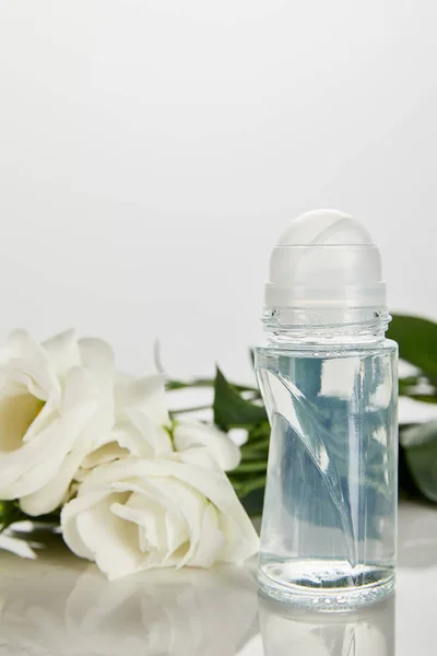 Rolo em frasco de desodorizante com rosas isoladas em branco — Fotografia de Stock