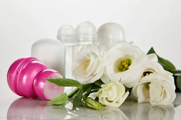 Foyer sélectif de rouleau sur les bouteilles de déodorant avec des roses isolées sur blanc — Photo de stock