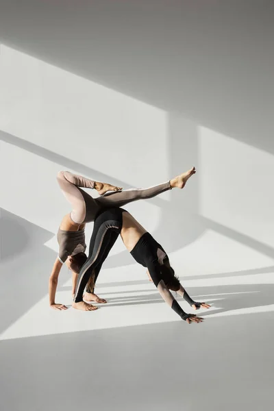 Filles européennes pratiquant l'acroyoga en studio blanc ensoleillé — Photo de stock