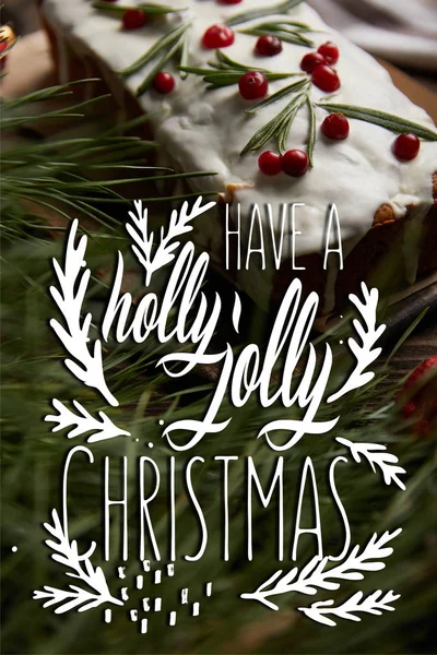 Вибірковий фокус традиційного різдвяного торта з журавлиною біля соснової гілки з голлівудською веселкою різдвяна ілюстрація — стокове фото