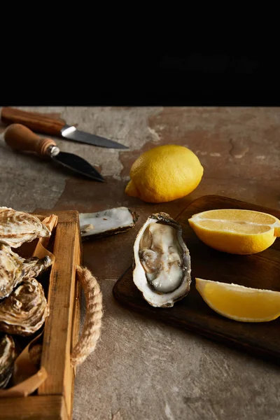 Enfoque selectivo de deliciosas ostras cerca de limones y cuchillos aislados en negro - foto de stock