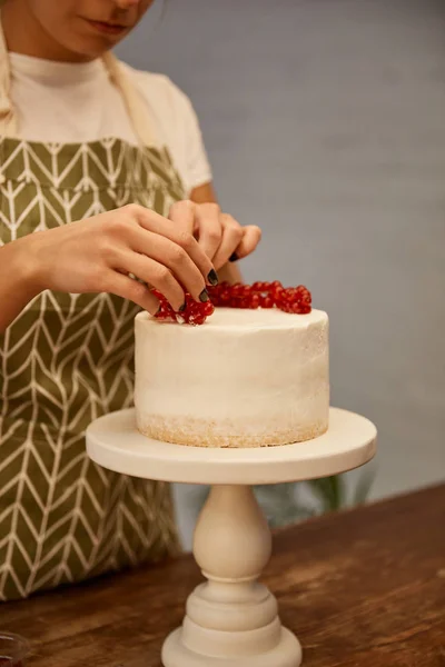 Cropped view of confectioner decorated cake with redcurrant — Stock Photo