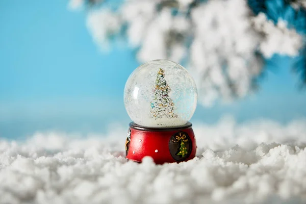 Petit sapin de Noël en boule de neige debout sur bleu avec de la neige et des branches d'épinette — Photo de stock