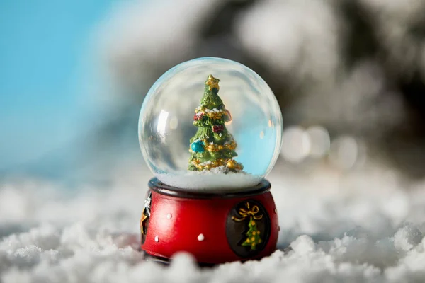 Різдвяна ялинка в декоративній сніжній кулі, що стоїть на синьому зі снігом — стокове фото