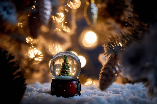 Pequeño árbol de Navidad en bola de nieve de pie en la nieve con ramas de abeto y luces borrosas en la noche - foto de stock