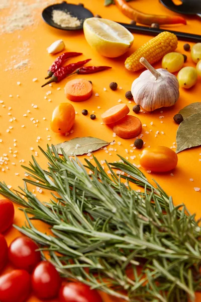 Enfoque selectivo de verduras maduras, especias y romero sobre fondo naranja - foto de stock