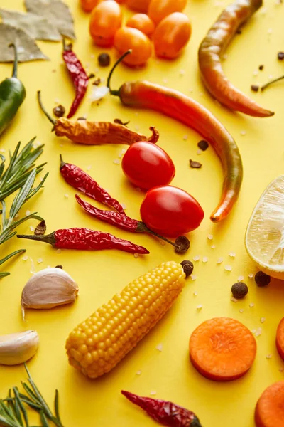 Сирі овочі зі спеціями та травами на жовтому фоні — стокове фото