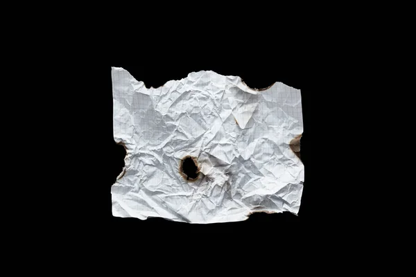 Top view of empty white crumpled and burnt vintage paper isolated on black — Stock Photo