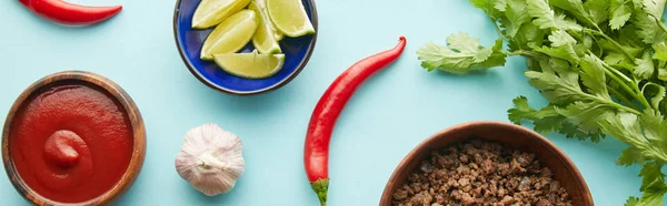 Top view of minced meat with ketchup, parsley and vegetables on blue background, panoramic shot — Stock Photo