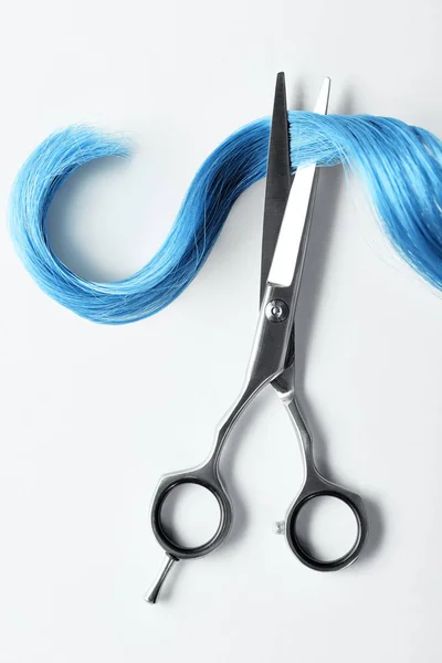 Top view of curl of blue hair and scissors on white background — Stock Photo