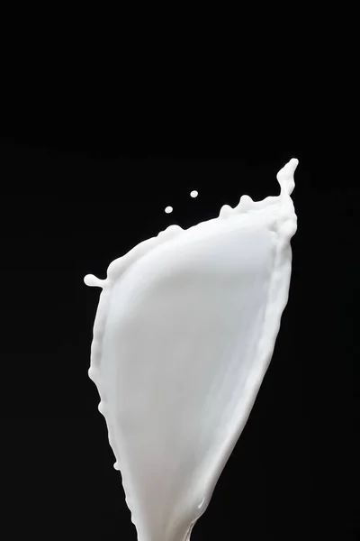 Éclaboussure de lait blanc frais avec des gouttes isolées sur noir — Photo de stock