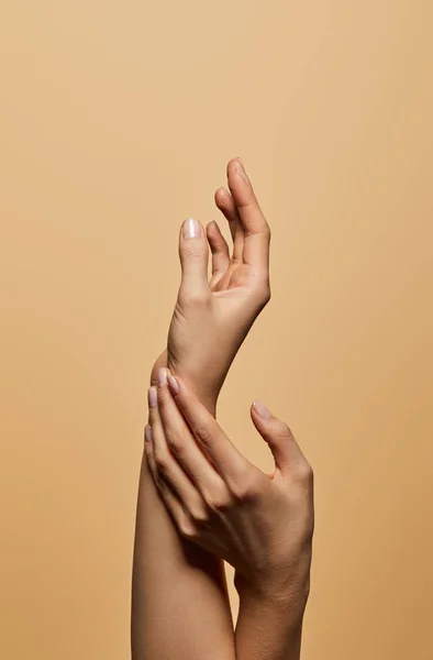 Vista cortada de mãos femininas isoladas em bege — Fotografia de Stock