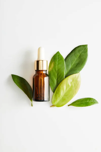 Vista dall'alto della bottiglia di olio cosmetico con foglie su sfondo bianco — Foto stock