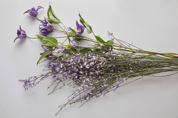 Vue de dessus du bouquet de fleurs violettes sur fond blanc — Photo de stock