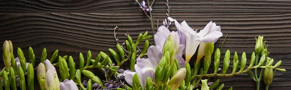 Top view of violet and purple floral bouquet on wooden table, panoramic shot — Stock Photo