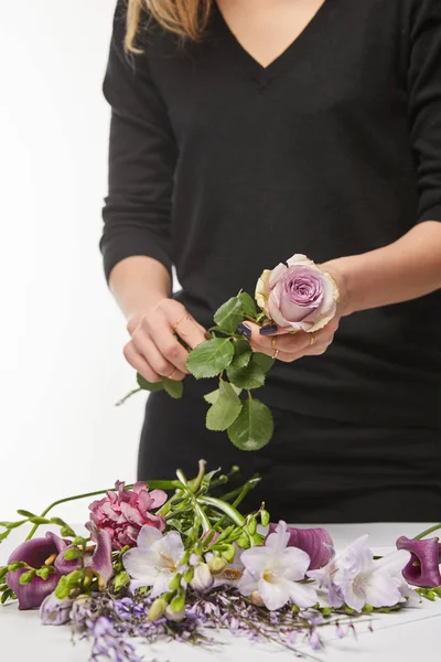 Vista cortada de florista segurando rosa isolada em branco — Fotografia de Stock