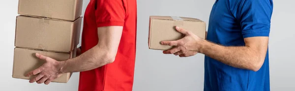 Vista lateral de homens de entrega segurando pacotes de papelão isolados em cinza, tiro panorâmico — Fotografia de Stock