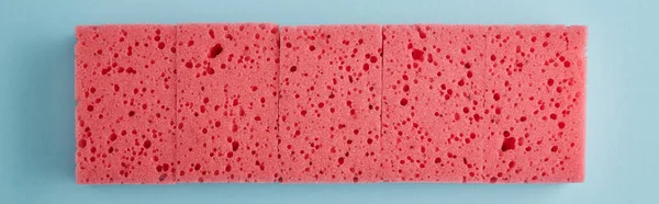 Panoramic shot of row of pink sponges for dish washing on blue — Stock Photo