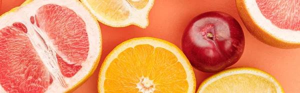 Draufsicht auf Zitrusfruchthälften und Apfel auf orangefarbenem Hintergrund, Panoramaaufnahme — Stockfoto