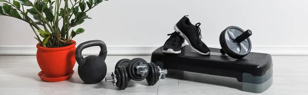 Panoramic shot of sports stuff and sneakers at home with houseplant — Stock Photo