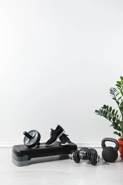 Sport equipment and sneakers at home with houseplant — Stock Photo