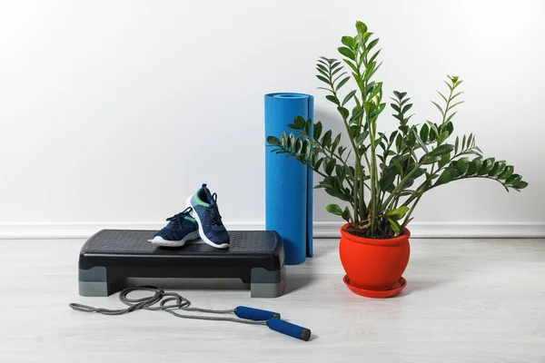 Equipamento desportivo, tapete de fitness e tênis em casa com planta de sala — Fotografia de Stock