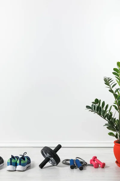 Mancuernas, rueda abdominal y zapatillas de deporte en casa con planta de interior - foto de stock