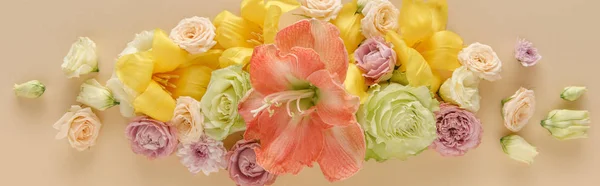 Top view of spring floral bouquet on beige background, panoramic shot — Stock Photo