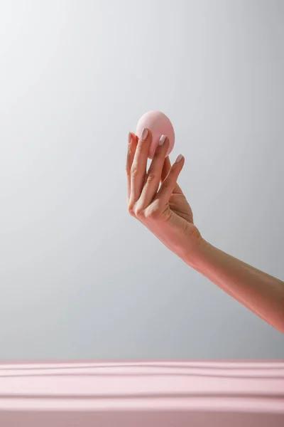 Cropped view of woman holding chicken egg isolated on grey background — Stock Photo