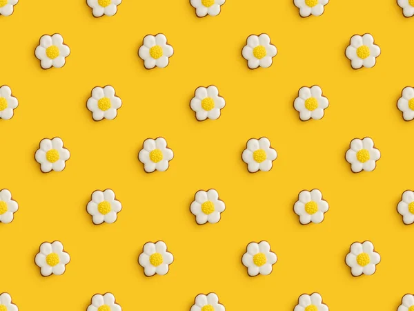 Top view of delicious easter cookies isolated on yellow background, seamless pattern — Stock Photo